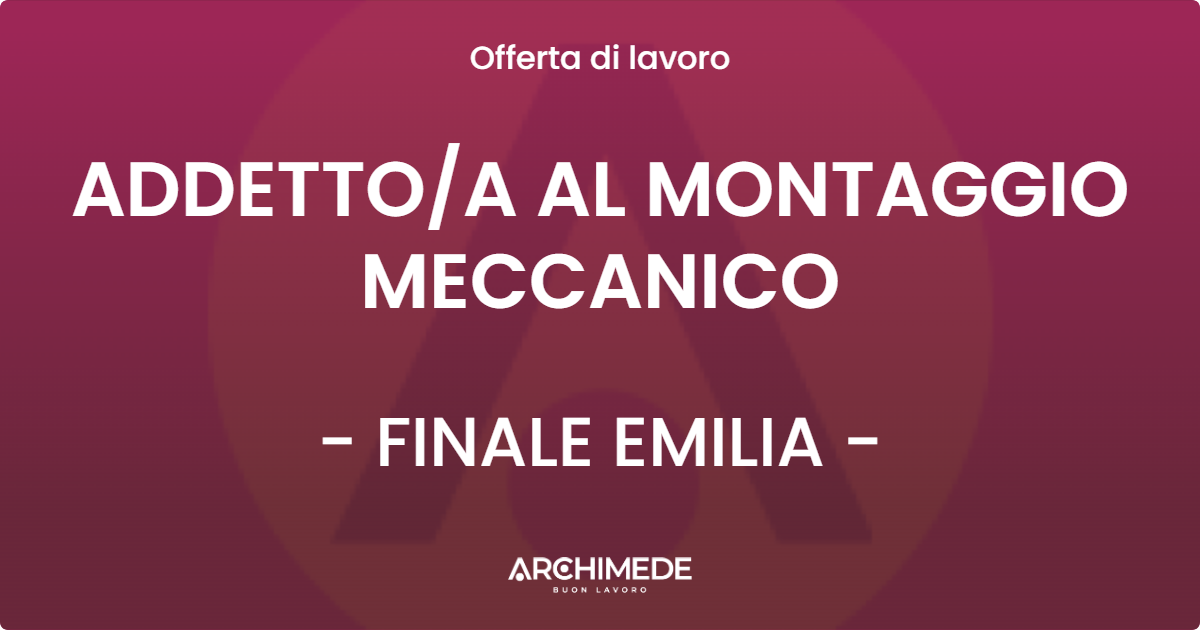 OFFERTA LAVORO - ADDETTO/A AL MONTAGGIO MECCANICO - FINALE EMILIA (MO)