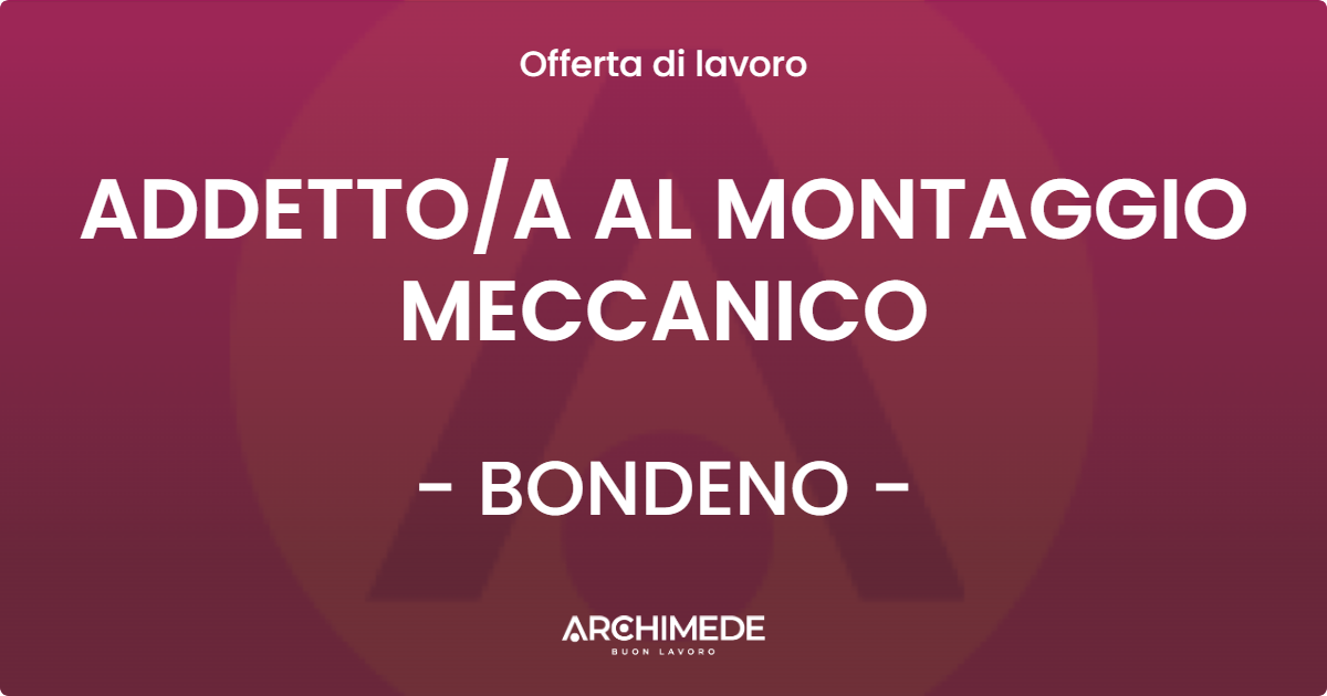 OFFERTA LAVORO - ADDETTOA AL MONTAGGIO MECCANICO - BONDENO