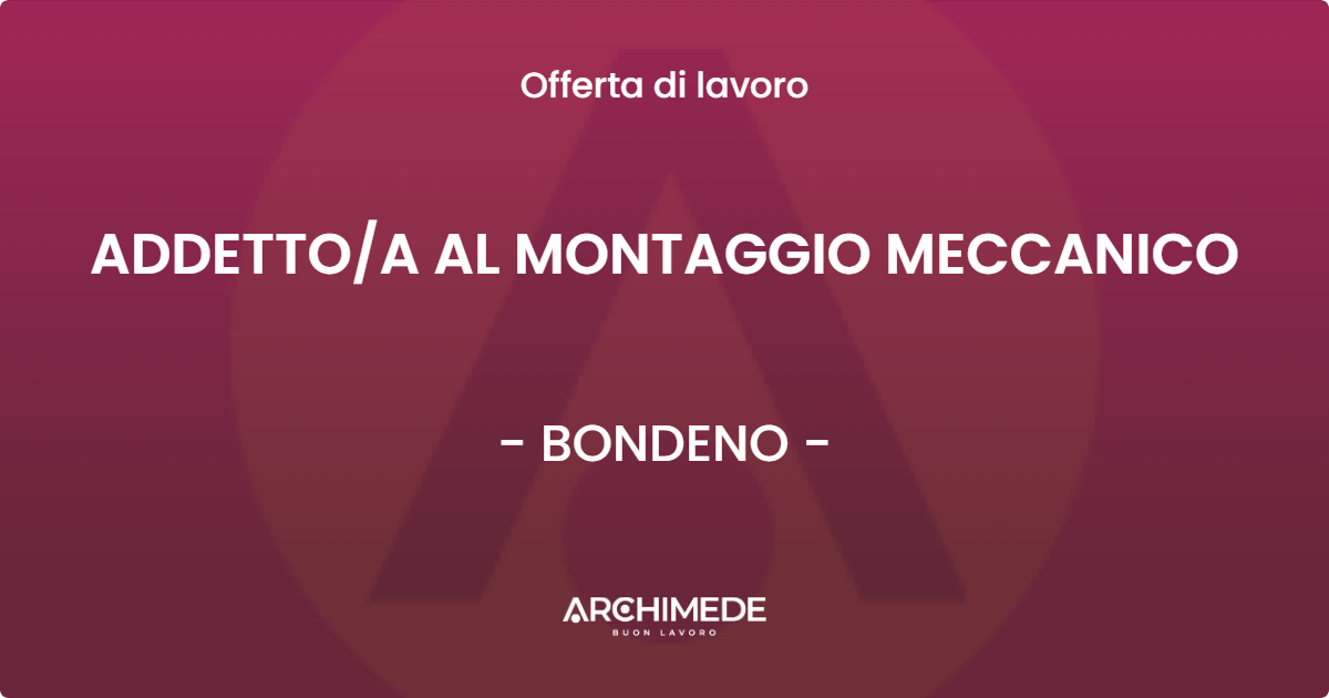 OFFERTA LAVORO - ADDETTOA AL MONTAGGIO MECCANICO - BONDENO
