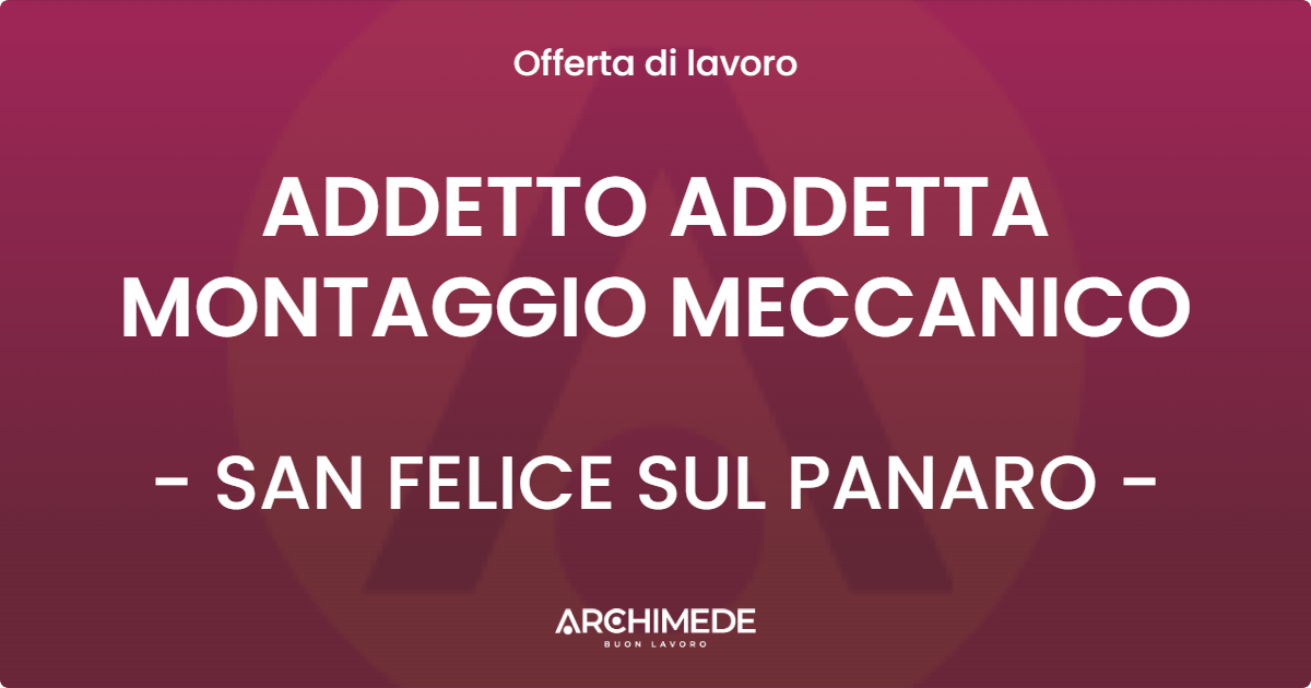 OFFERTA LAVORO - ADDETTO ADDETTA MONTAGGIO MECCANICO - SAN FELICE SUL PANARO (MO)