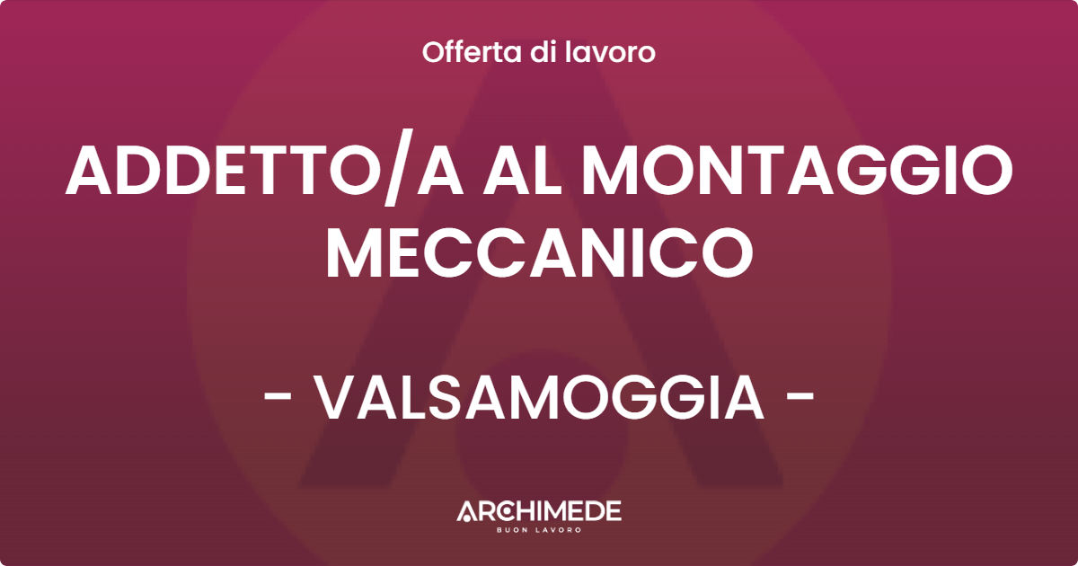 OFFERTA LAVORO - ADDETTO/A AL MONTAGGIO MECCANICO - VALSAMOGGIA (BO)
