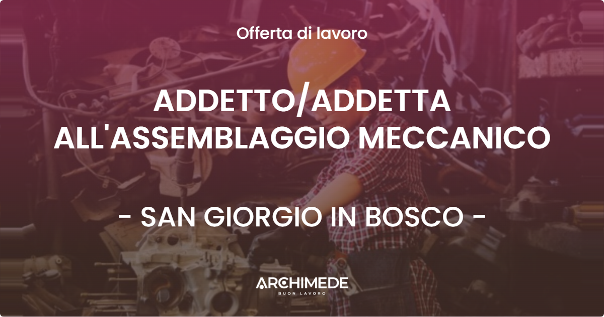 OFFERTA LAVORO - ADDETTOADDETTA ALL'ASSEMBLAGGIO MECCANICO - SAN GIORGIO IN BOSCO