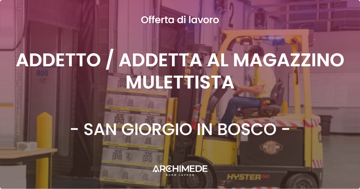 OFFERTA LAVORO - ADDETTO  ADDETTA AL MAGAZZINO MULETTISTA - SAN GIORGIO IN BOSCO